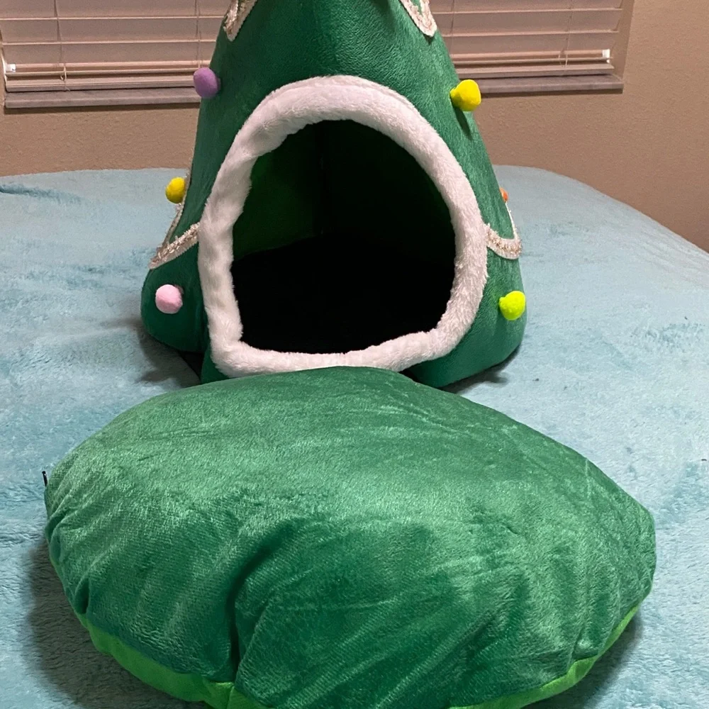 Cozy Christmas Tree Cat Bed with Red Bow